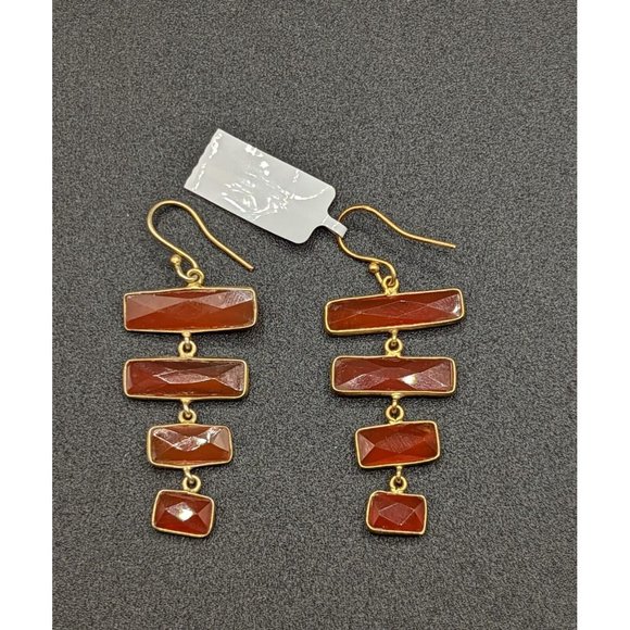 Faceted Orange Red Carnelian Gemstone Stone Dangle Gold Tone Hook Earrings - Picture 5 of 9